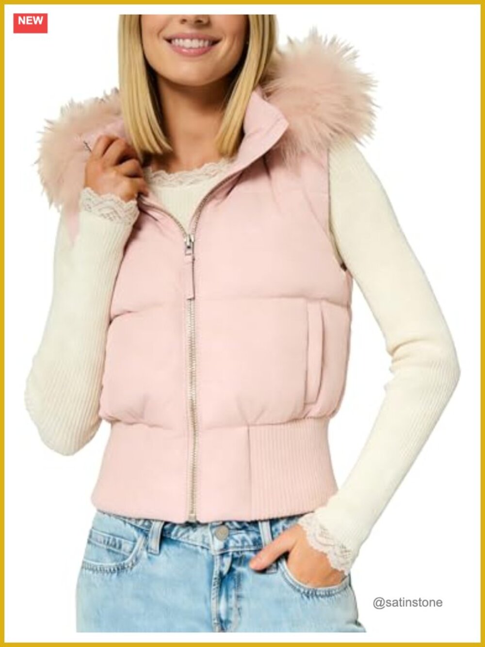 Puffer Vest Faux Fur Hooded Zip Front Pockets Winter Coat